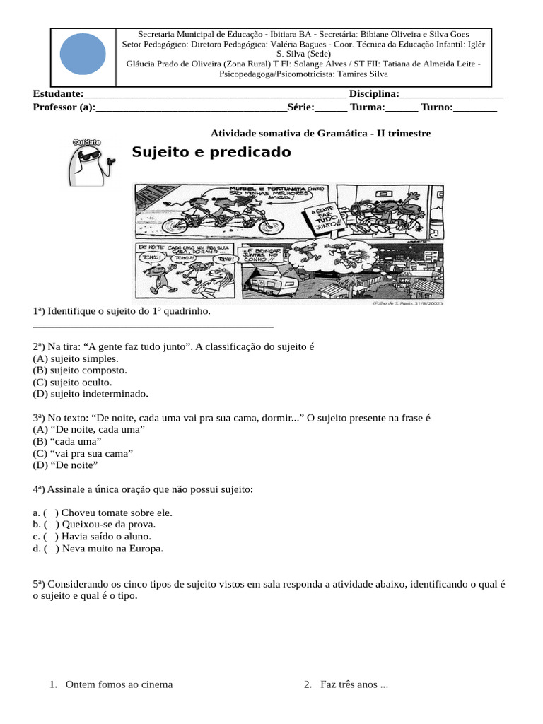 Atividade de Gramática: Sujeito e Predicado | PDF | Assunto (gramática ...
