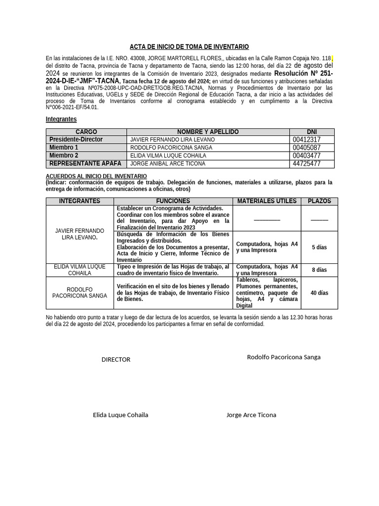 Acta de Inicio de Toma de Inventario 2024 | PDF