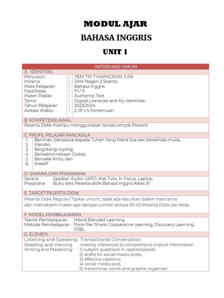 Modul Ajar Tema 1 Authentic Pdf