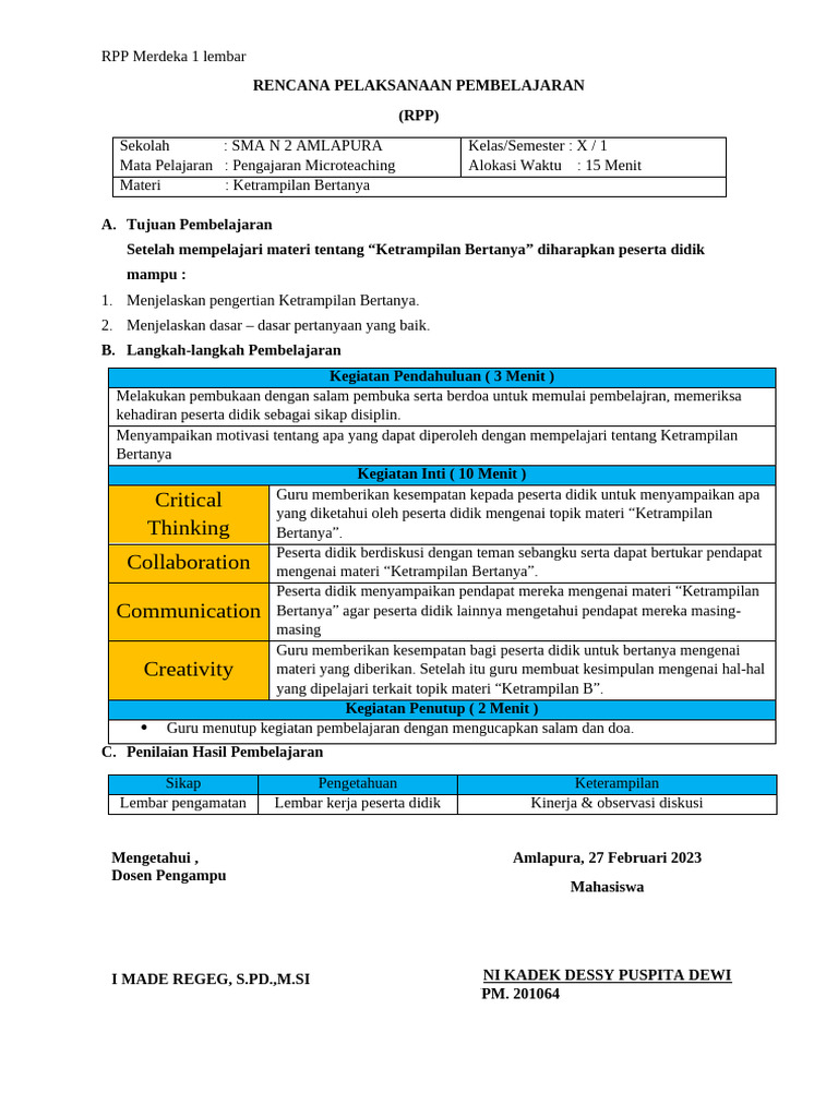 RPP Merdeka Pengajaran Microteaching (Ketrampilan Bertanya) | PDF