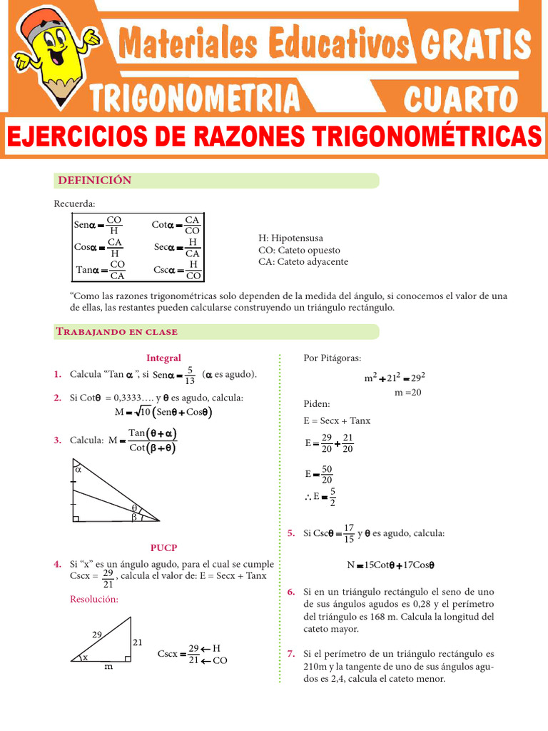Ejercicios de Razones Trigonométricas para Cuarto Grado de Secundaria ...