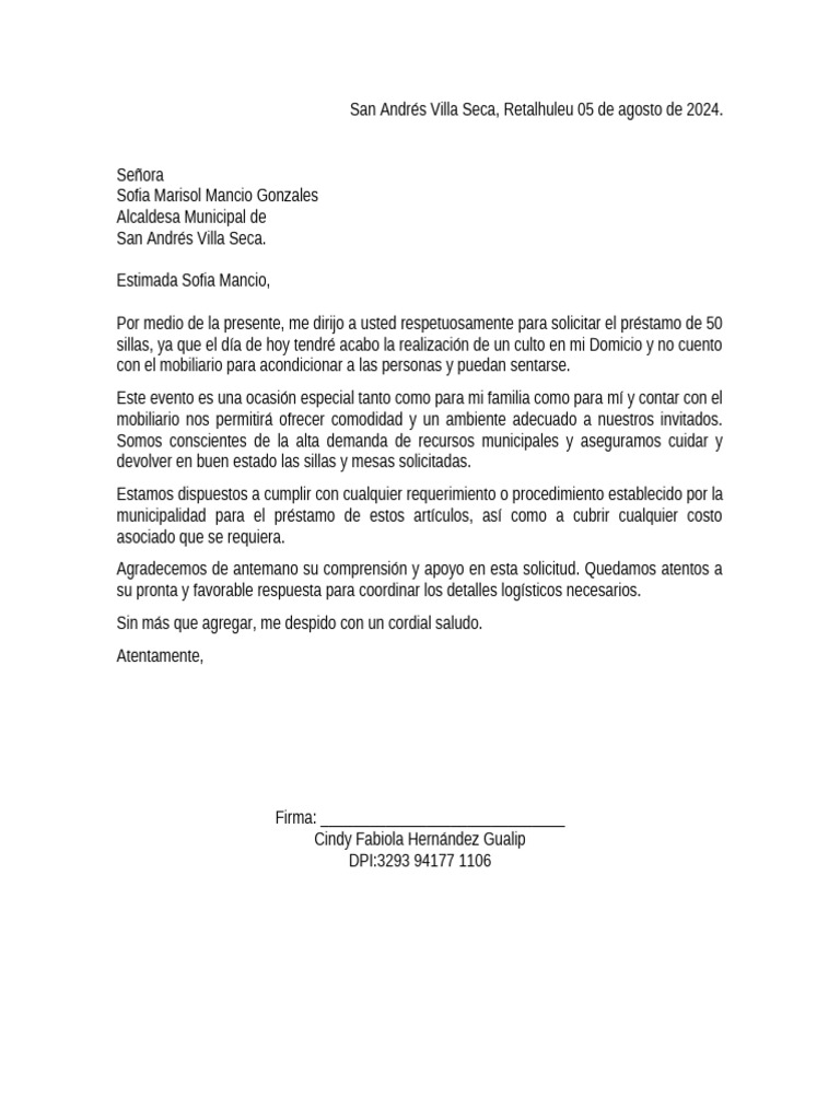 Carta de Solicitud de Mobiliario Cindy Fabiola Hernandez Gualip | PDF
