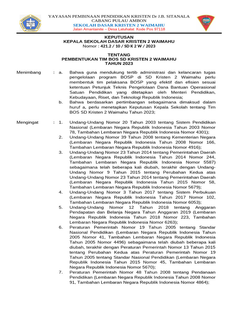 SK Tim BOS Sekolah 2023 | PDF