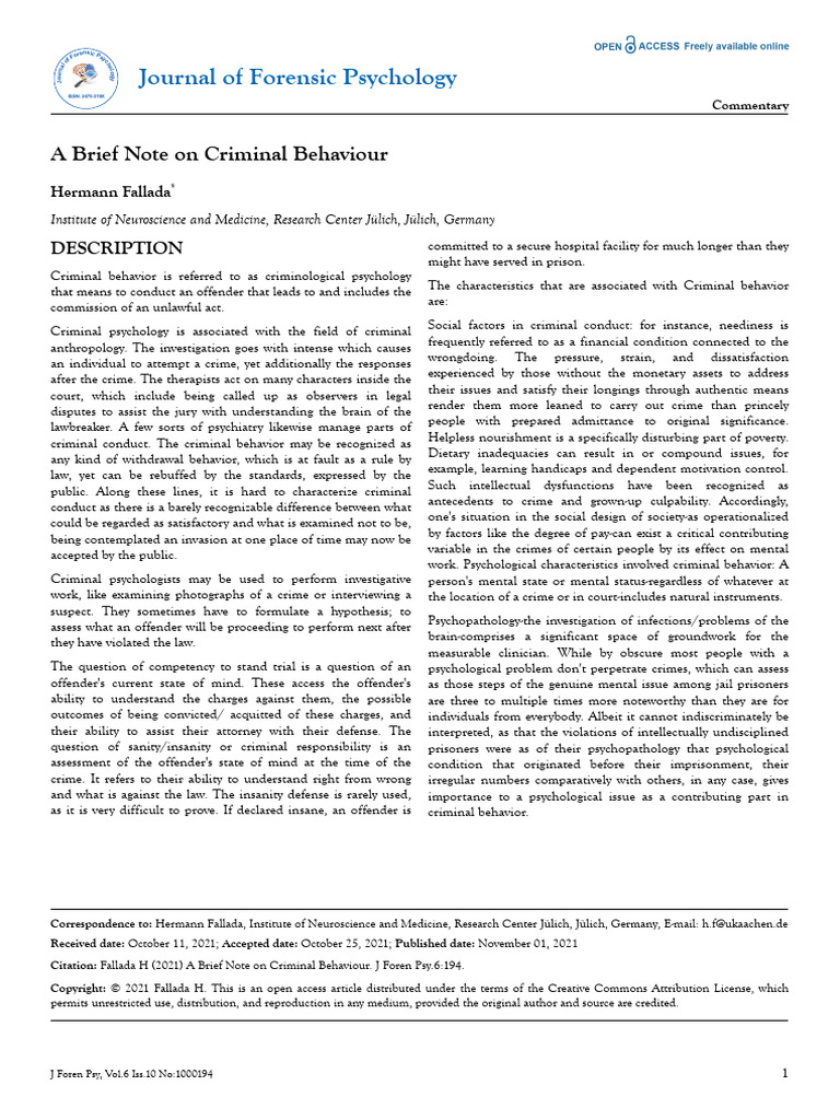 A Brief Note On Criminal Behaviour | PDF | Crimes | Crime & Violence