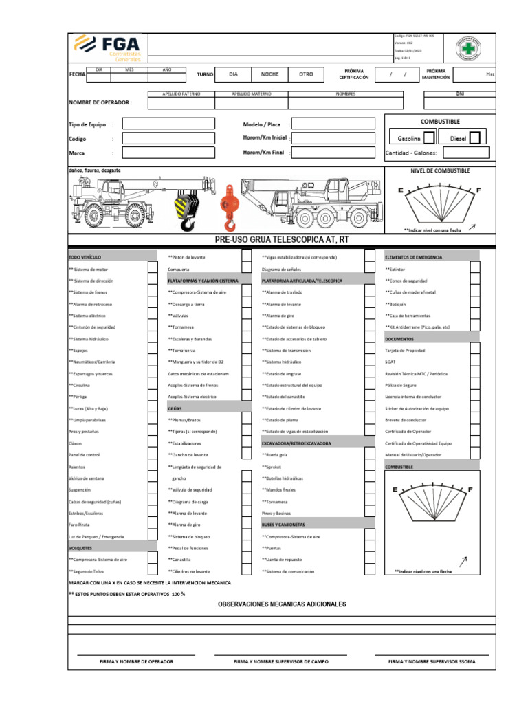 Fga-Sgsst-Ins-005 Inspeccion de Pre-Uso de Gruas - 1 Millar | PDF