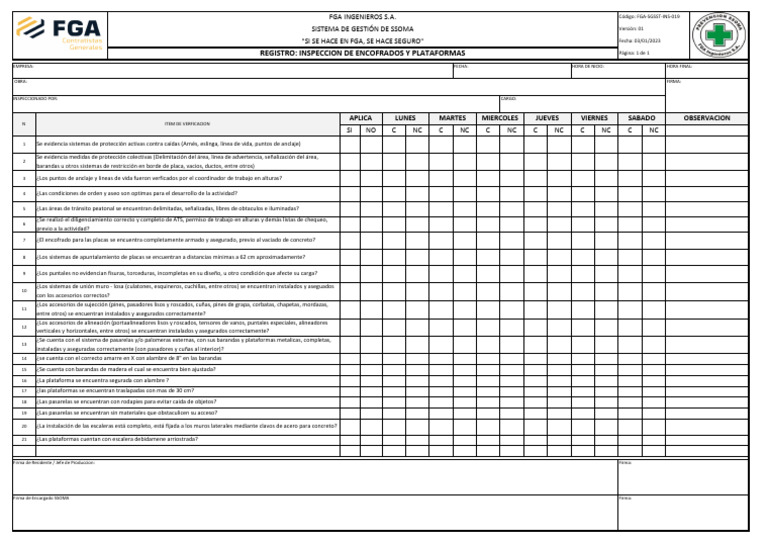 Fga-Sgsst-Ins-019inspeccion de Plataformas de Encofrados | PDF
