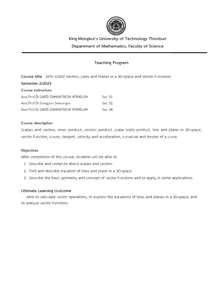 MTH 10202 Vectors, Lines and Planes in A 3D-Space and Vector Functions ...