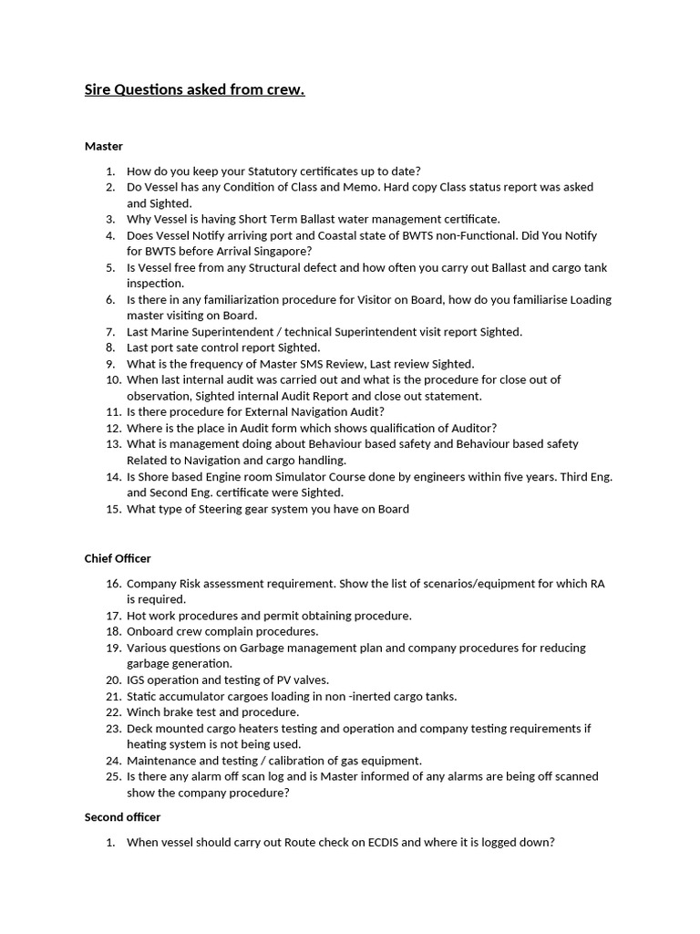 Sire Questions Asked From Crew | PDF