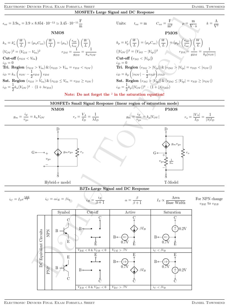Formula Sheet for Electronic Devices Final Exam