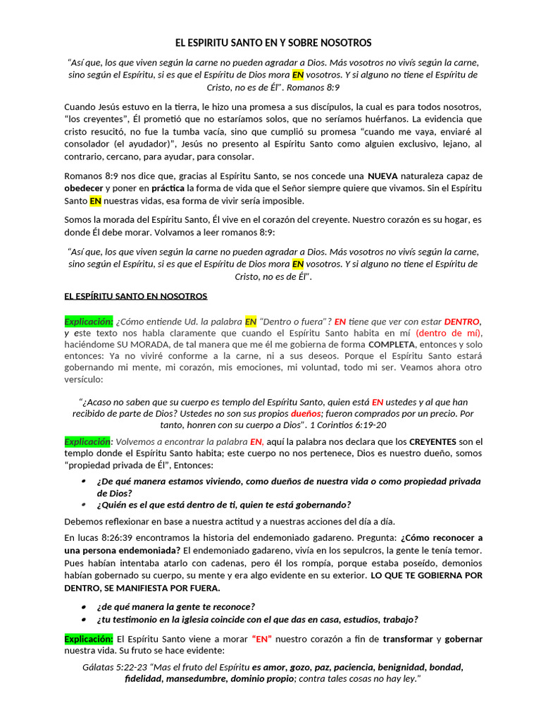 El Espiritu Santo en y Sobre Nosotros Enseñanza 2024 | PDF | espíritu ...