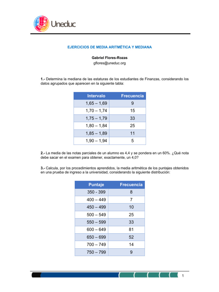14 Ejercicios de Media AritmÃ©tica y Mediana | PDF | Aritmética ...