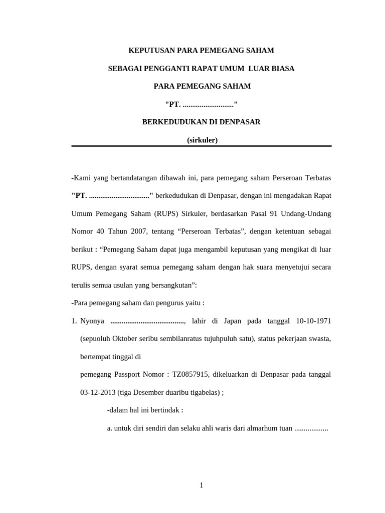 RUPS Sirkuler: Keputusan Pemegang Saham | PDF