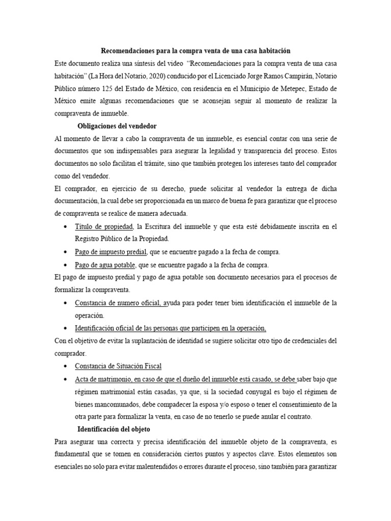 Recomendaciones Para La Compra Venta De Una Casa Habitación Pdf