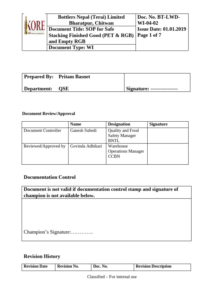SOP For Safe Stacking Finished Good (PET & RGB) and Empty RGB | PDF