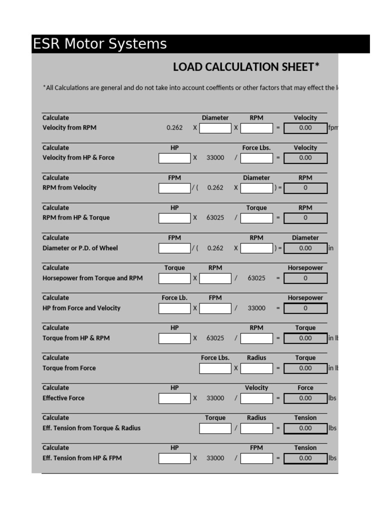 Load Calculation Sheet For Motors Pdf 