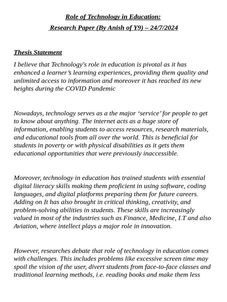 Research Paper Role Of Technology In Education Anish Gopi Chander