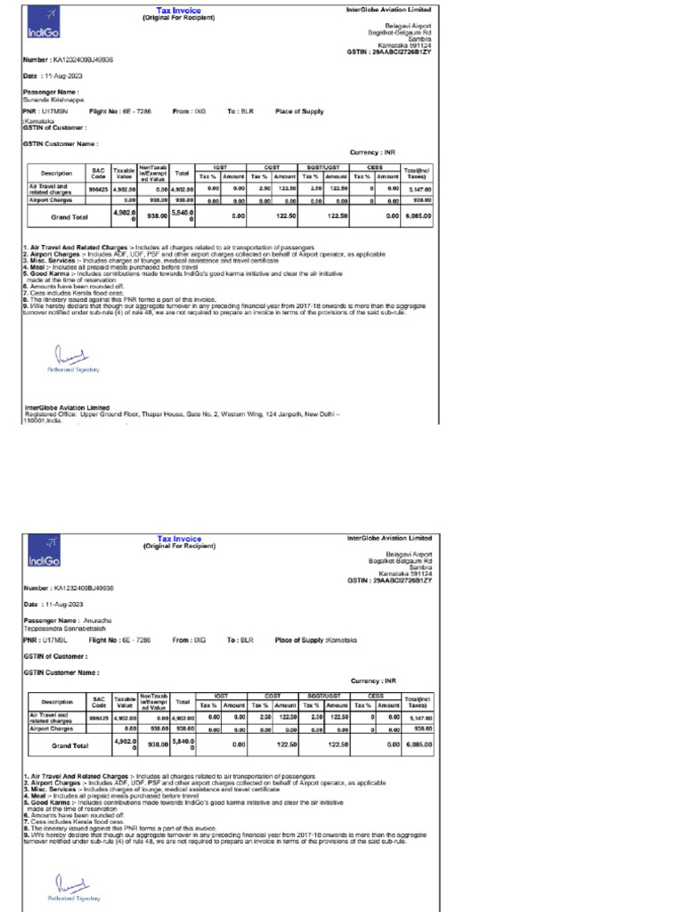 Tax Invoice IXG To BLR | PDF