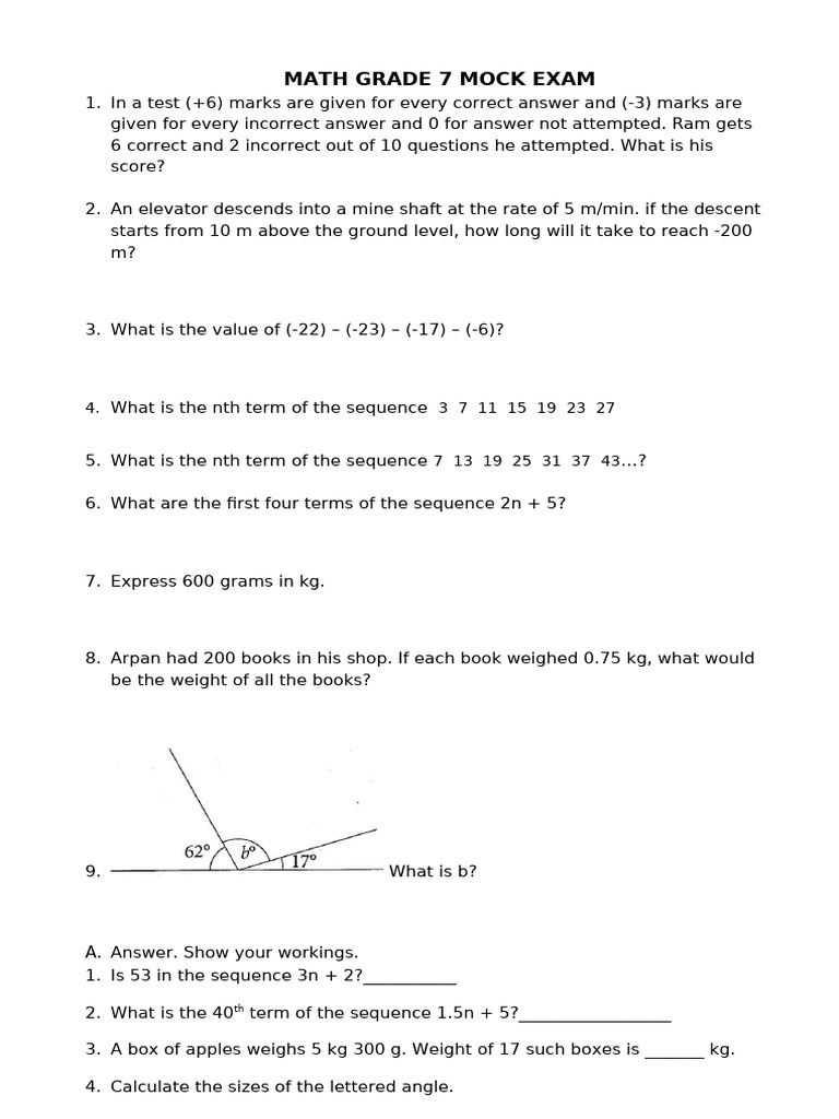 Grade 7 Math Mock Exam Mid Test 1 Pdf