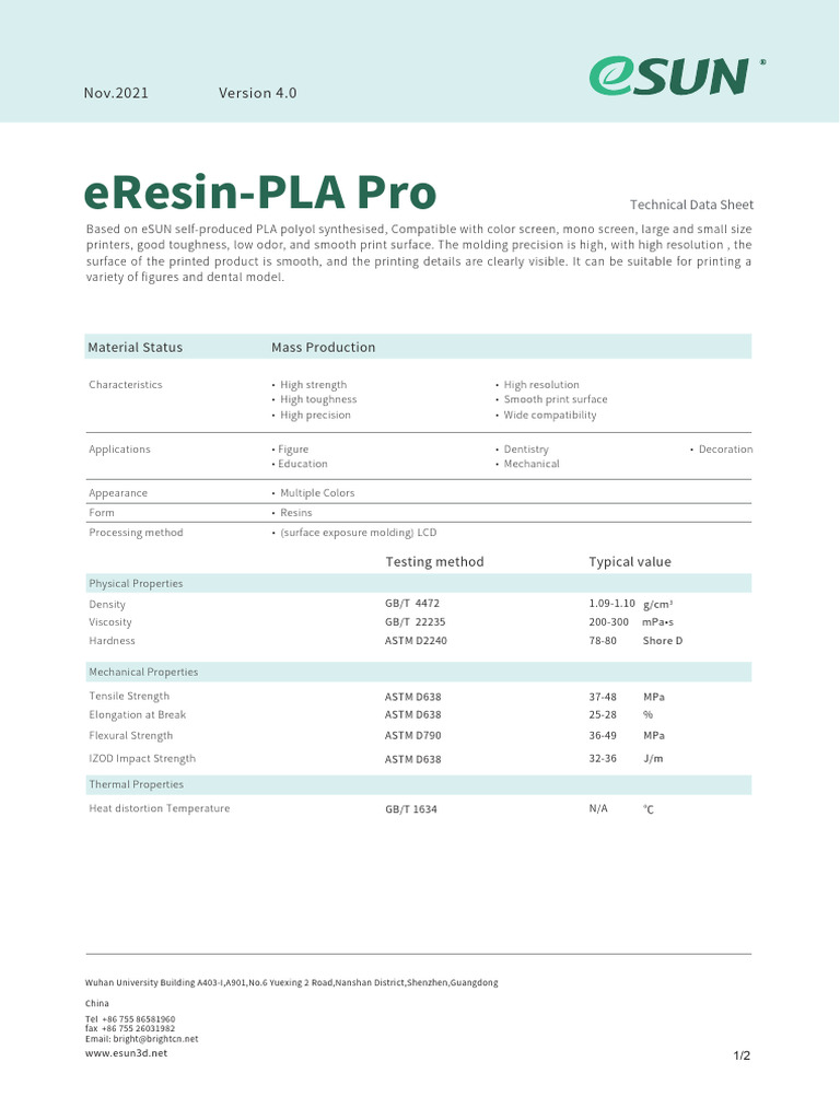 eSUN eResin-PLA-Pro TDS V4.0 | PDF