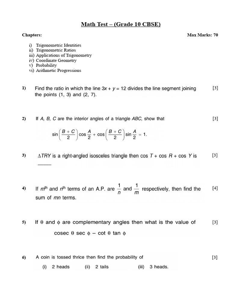 Grade 10 CBSE Math Test Outline | PDF | Teaching Methods & Materials