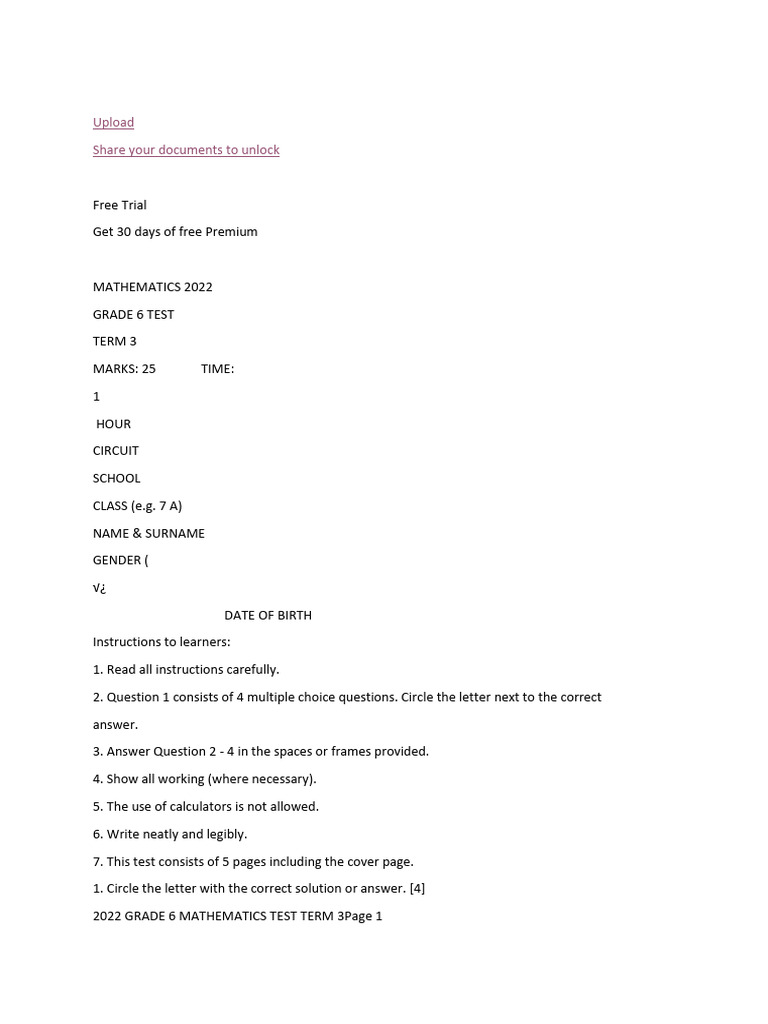 Grade 6 Mathematics Test 2022 Term 3 | PDF