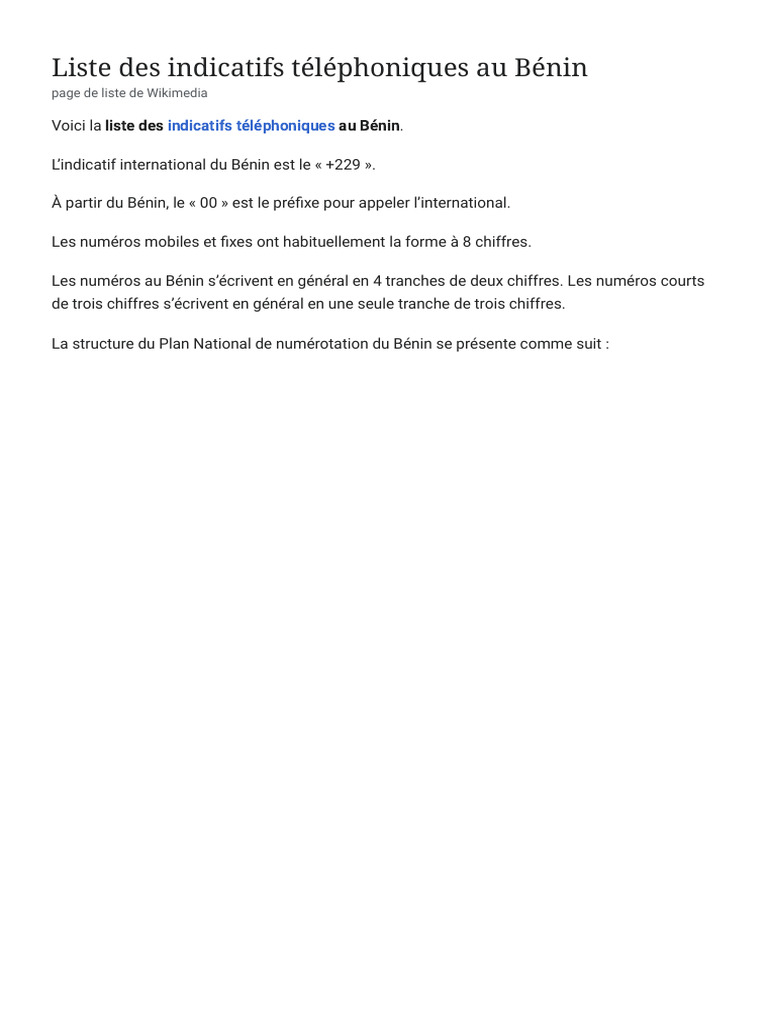 Liste Des Indicatifs Téléphoniques Au Bénin - Wikipédia | PDF