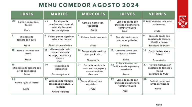 Menu Comedor Agosto 2024 1 | PDF