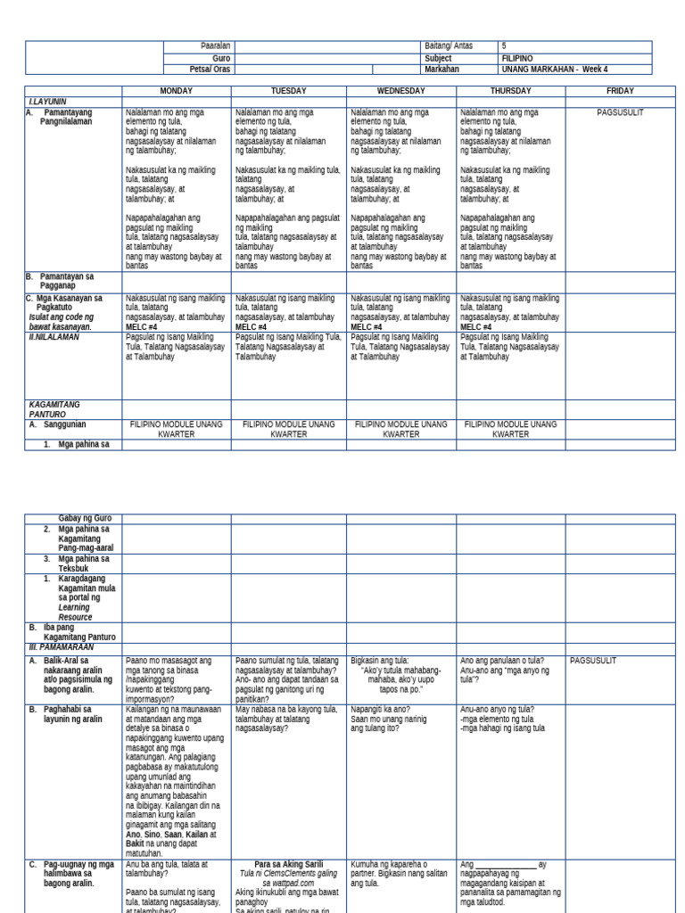 DLL Week 4 Filipino V | PDF