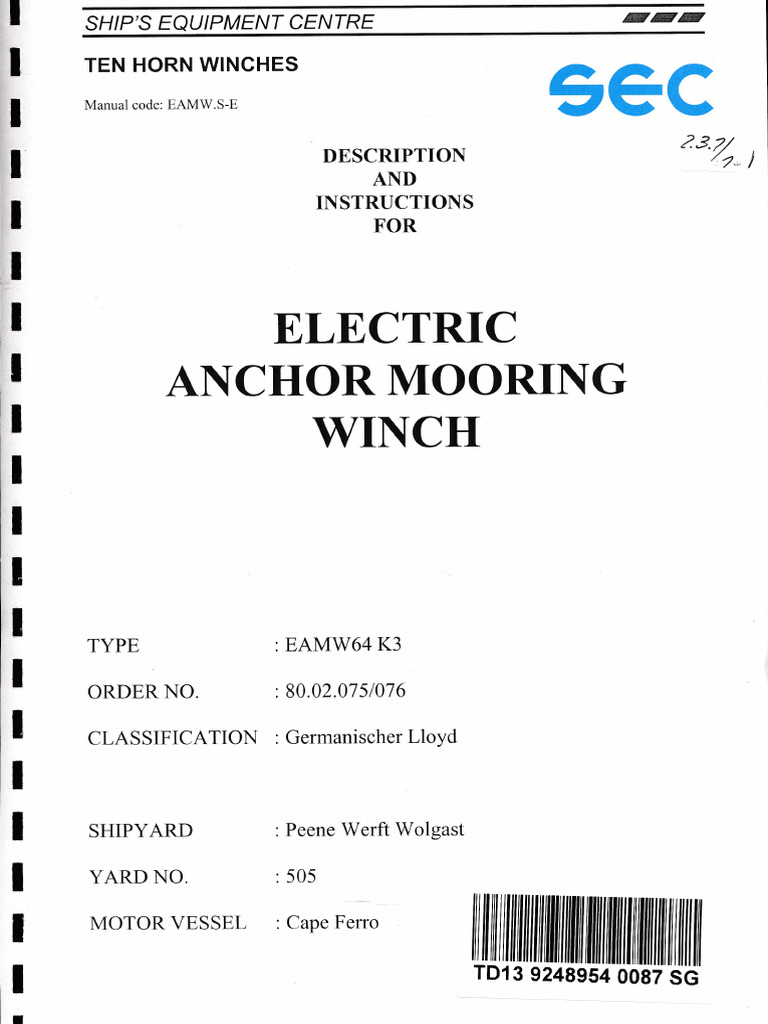 ELECTRIC - Electric Anchor Mooring Winch Description and Instruction ...