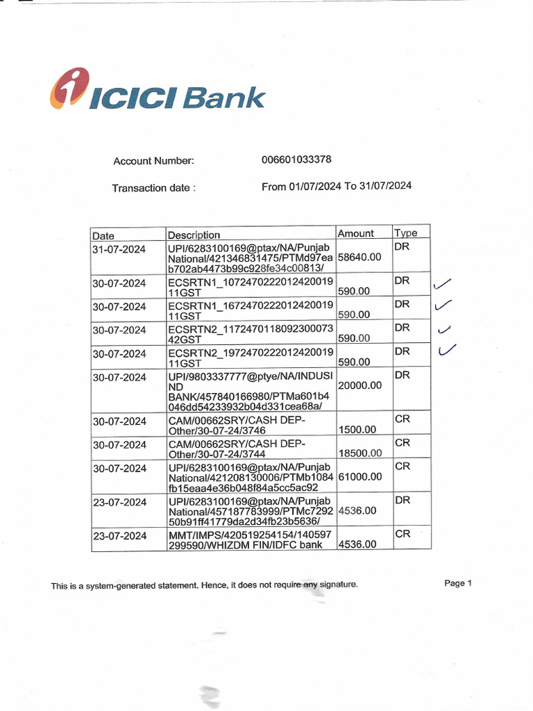 Bank Statement Of Icici Bank