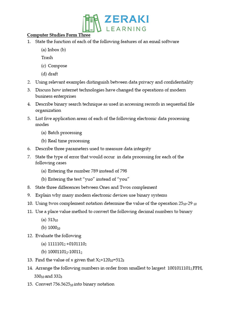 Form 3 Computer Studies Assignment 720 1590681515889 Zeraki Learning | PDF