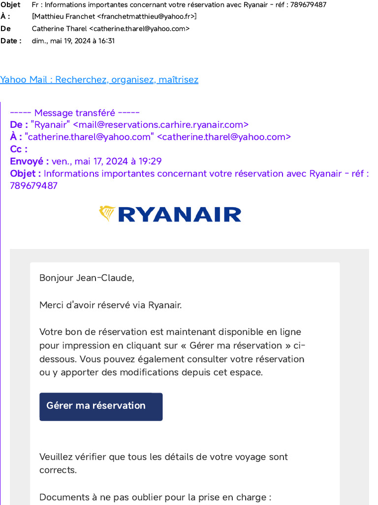 Document Yahoo Mail _ Fr _ Informations Importantes Concernant Votre Réservation Avec Ryanair