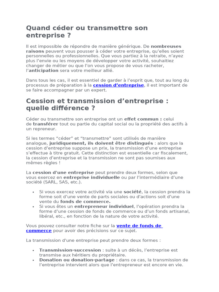 Quand Céder Ou Transmettre Son Entreprise | PDF