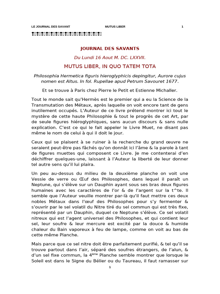 Inconnu Mutus Liber Le Journal Des Savants | PDF