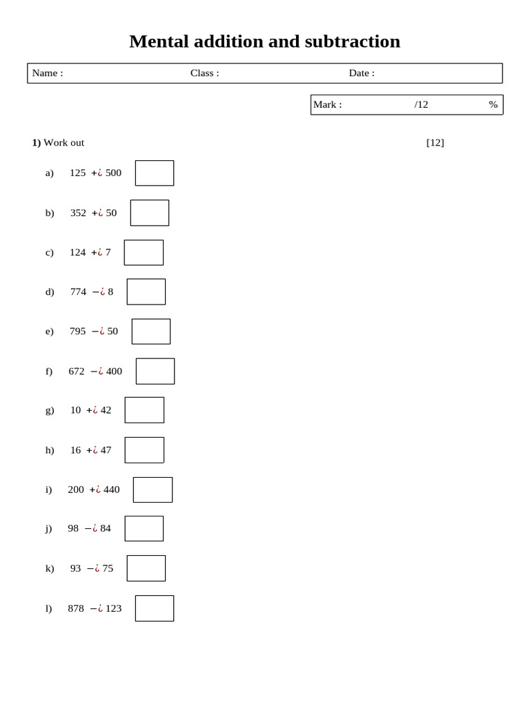 Mental addition and subtraction 1 pdf