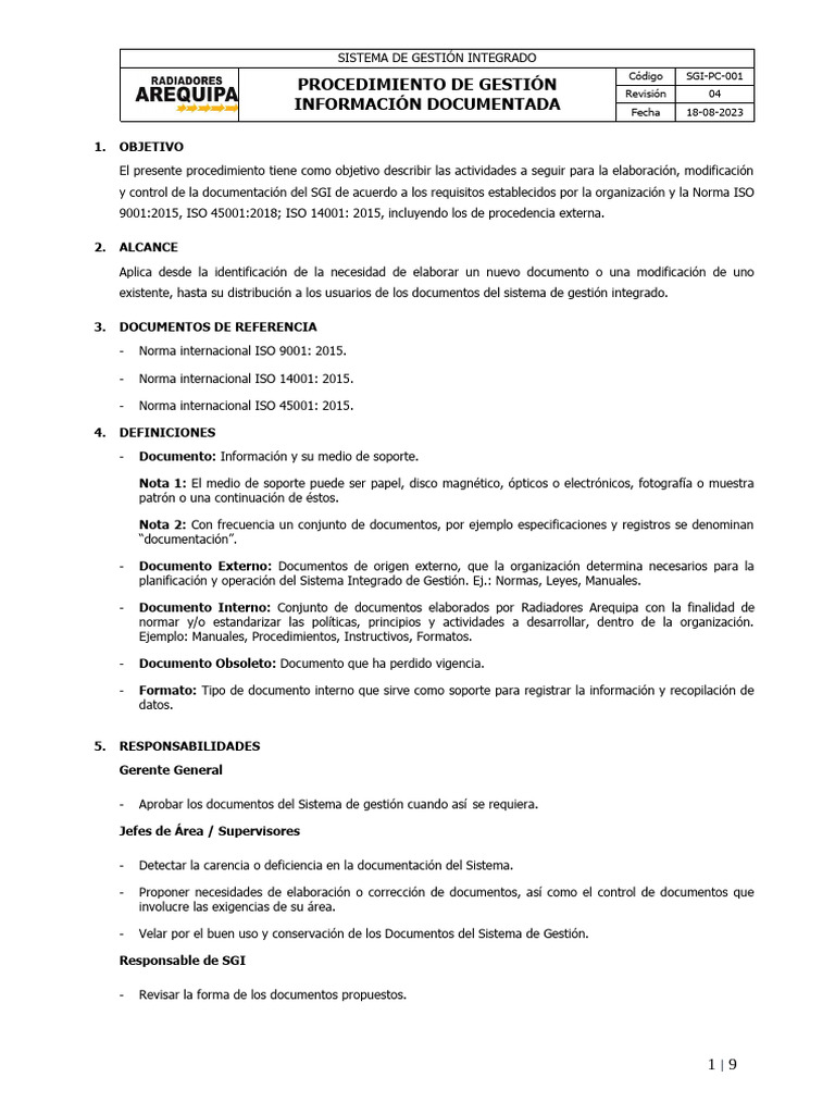 Sgi Pc 001 Procedimiento Gestion De Información Documentada Pdf