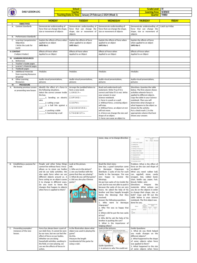DLL - SCIENCE 4 - Q3 - WEEK 1 Explain The Effects of Force | PDF