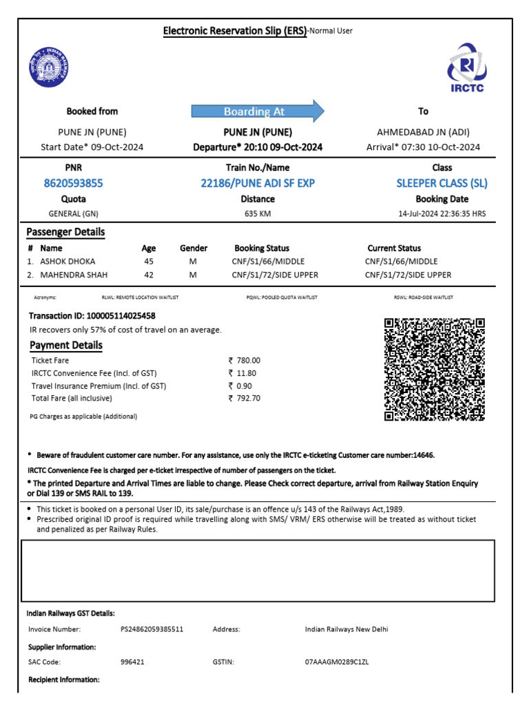 22186/pune Adi SF Exp Sleeper Class (SL) | PDF