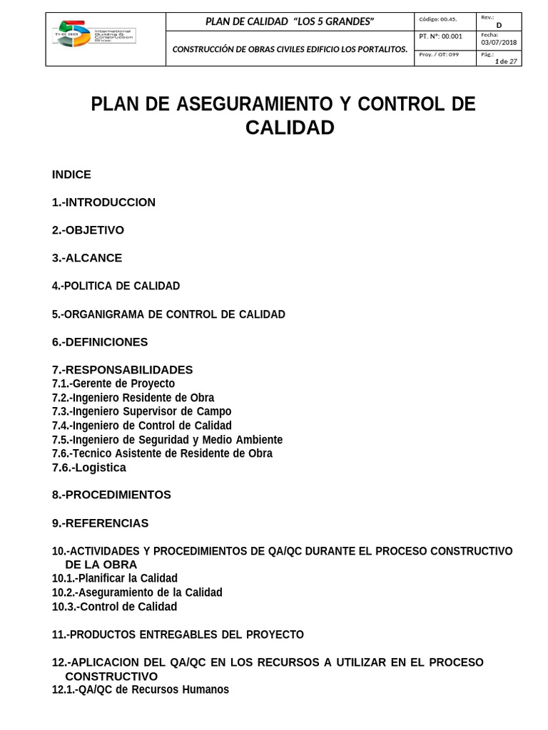 Plan de Calidad Obra | PDF