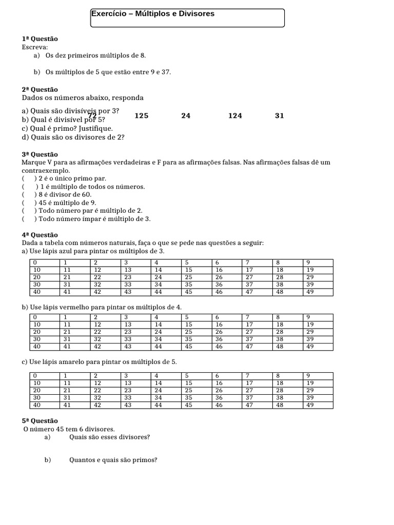 Exercícios sobre Múltiplos e Divisores | PDF
