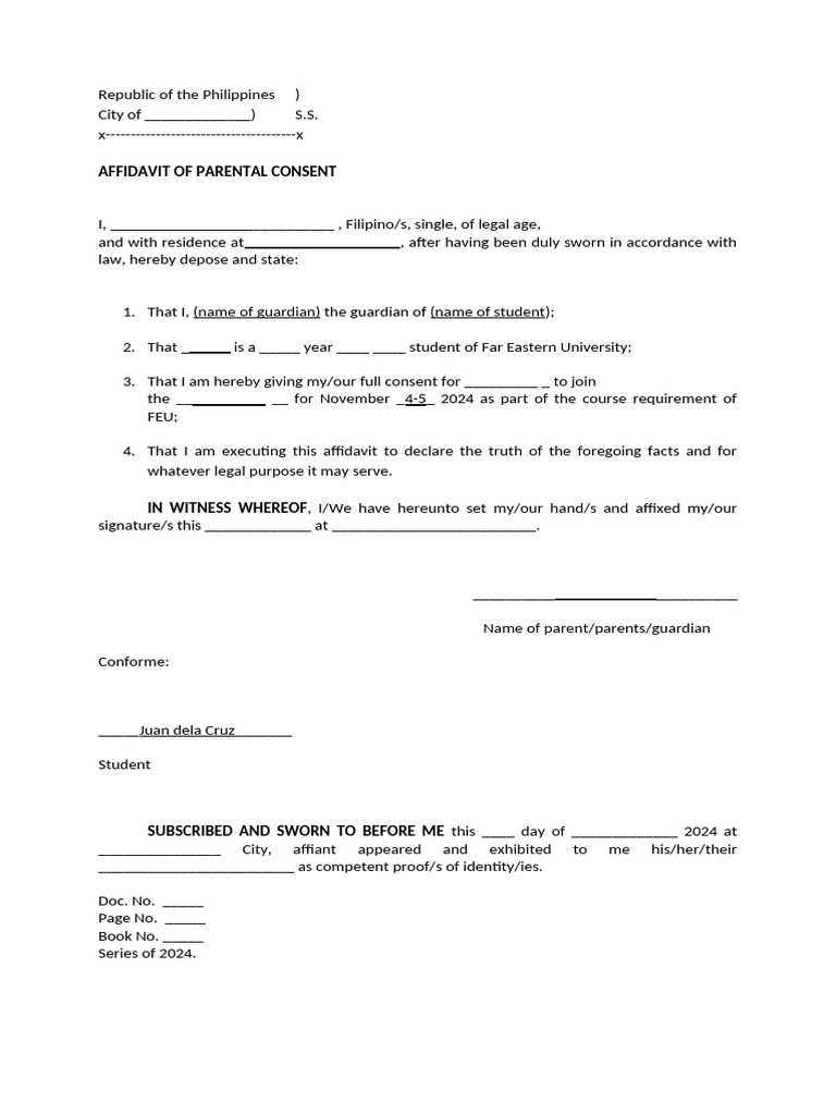 Affidavit of Parental Consent Domestic | PDF