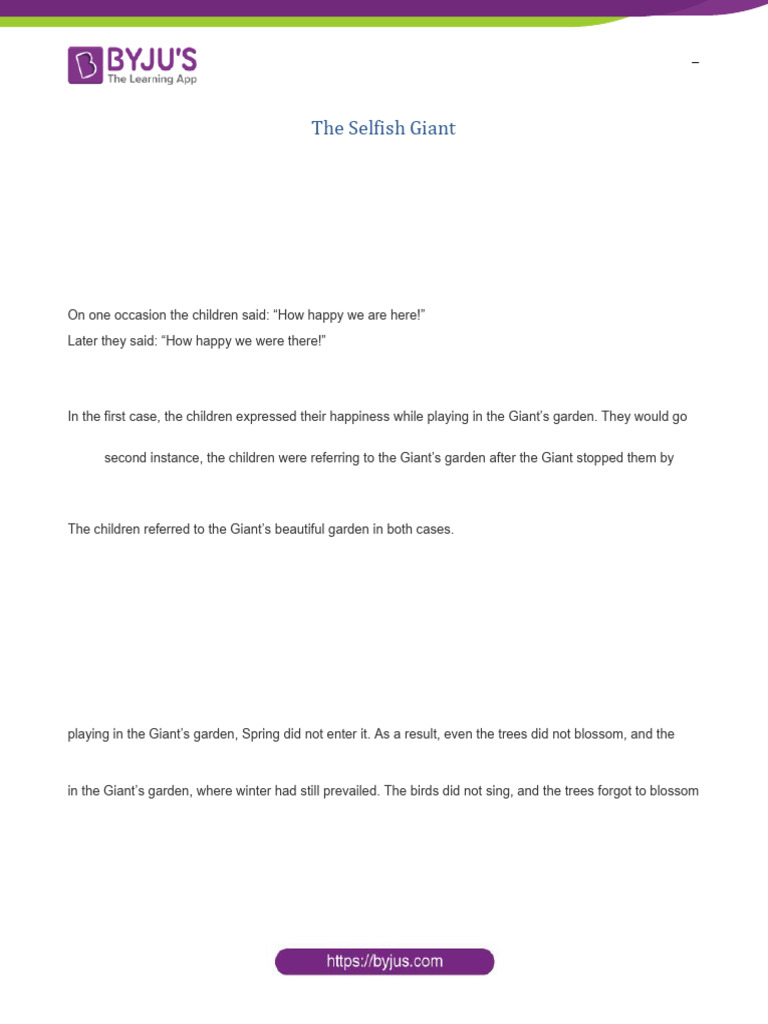Class 8 English: The Selfish Giant Q&A | PDF | The Happy Prince And ...
