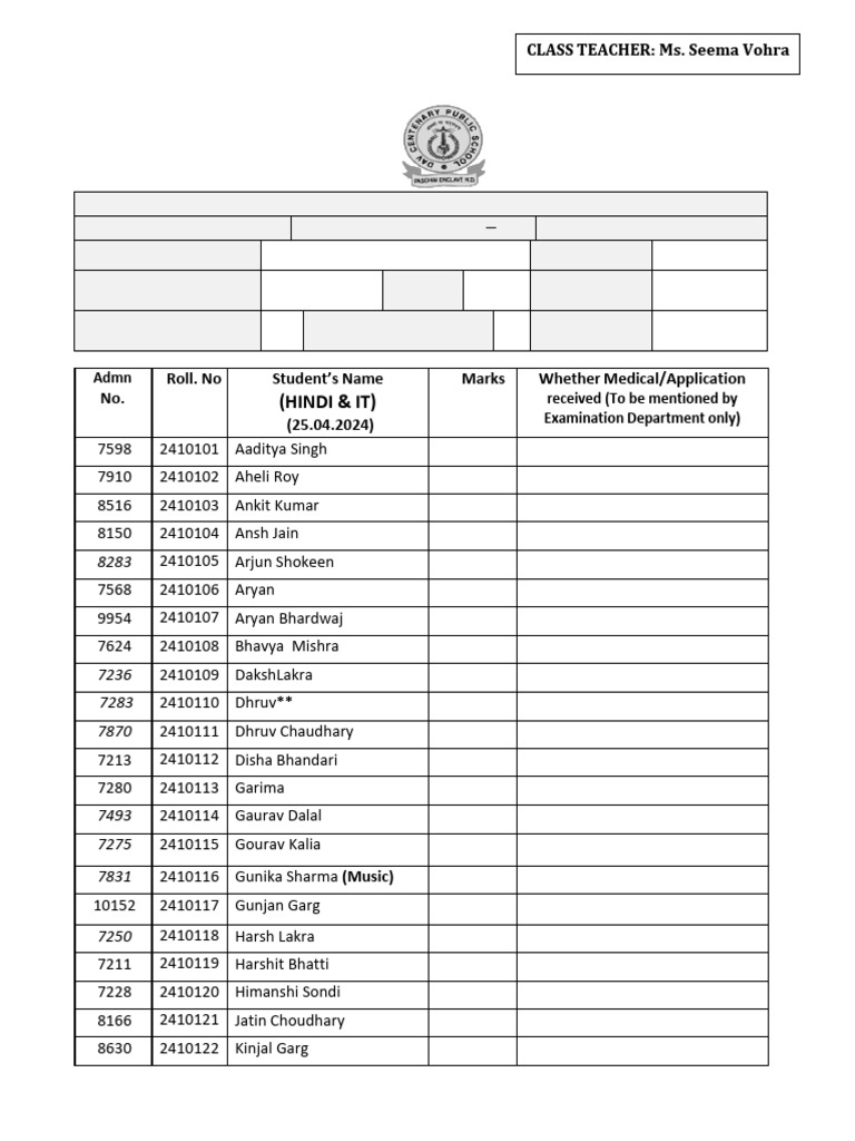 Class XA: Dav Centenary Public School, Paschim Enclave, New Delhi-87 | PDF