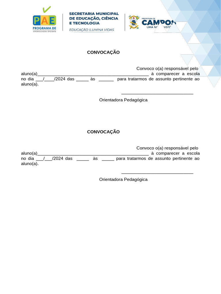 Modelo de Convocação Do Responsavel Pelo Aluno | PDF