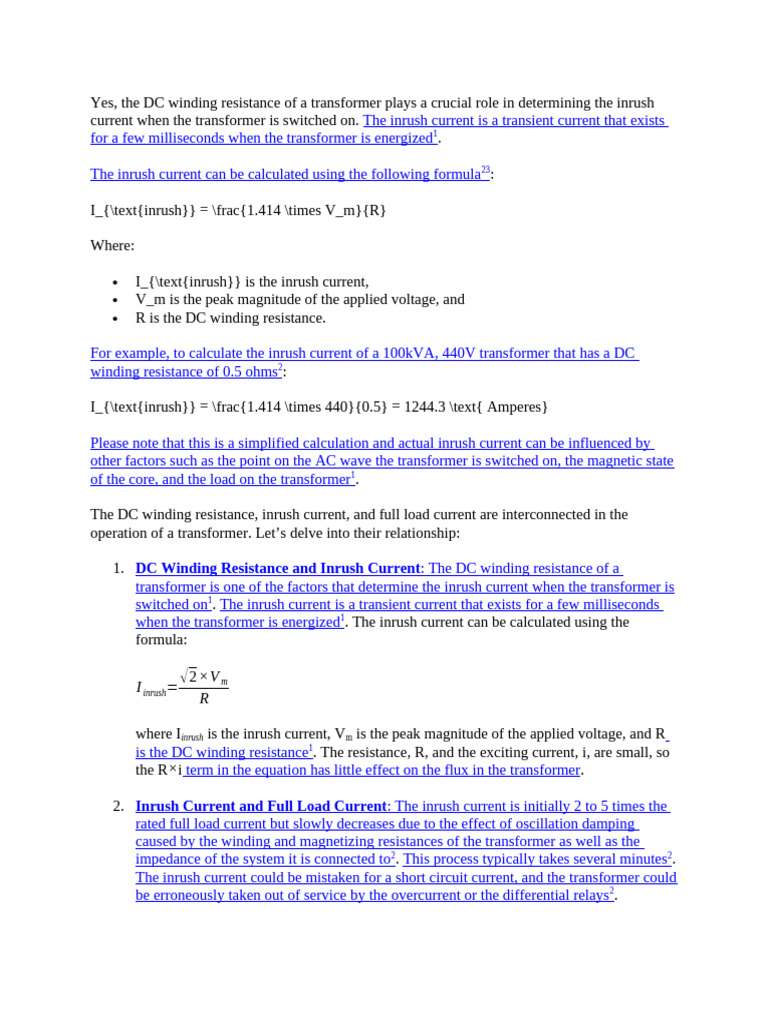 DC Winding Resistance, Inrush Current, and Full Load Current | PDF