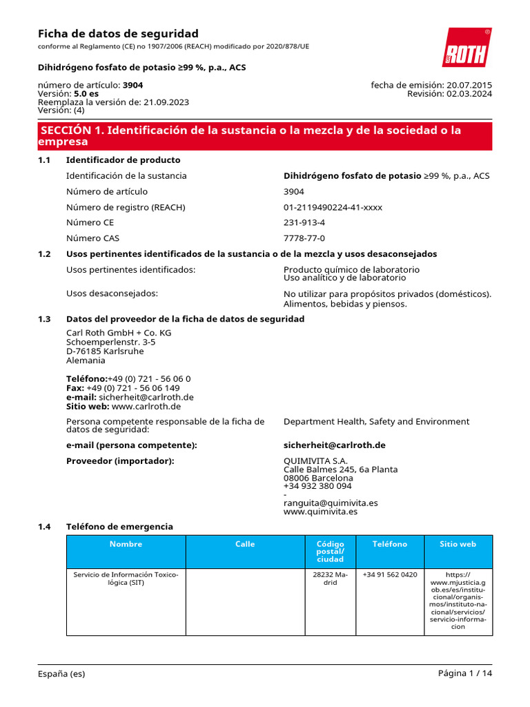 Ficha de Seguridad: Dihidrógeno Fosfato de Potasio | PDF | Toxicidad ...