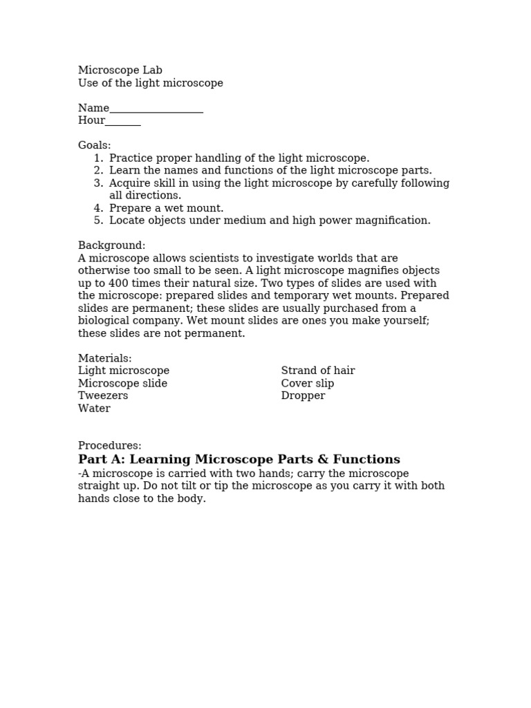 Light Microscope Lab Guide | PDF | Glass Engineering And Science ...