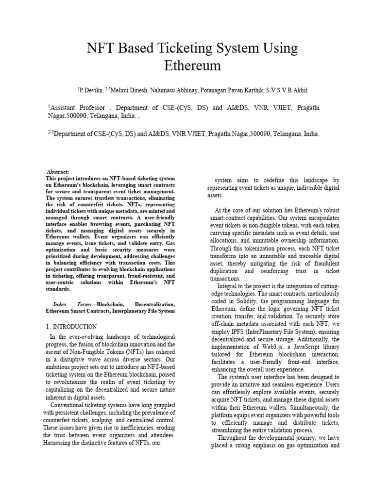 NFT Based Ticketing System Using Ethereum | PDF
