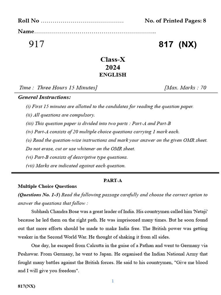 817(NX) English Exam Paper 2024 | PDF | Foreign Language Studies