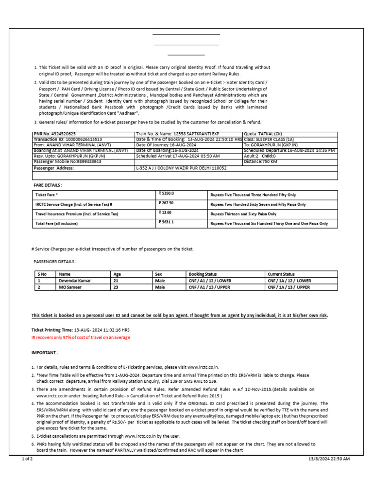 Irctc Ticket | PDF
